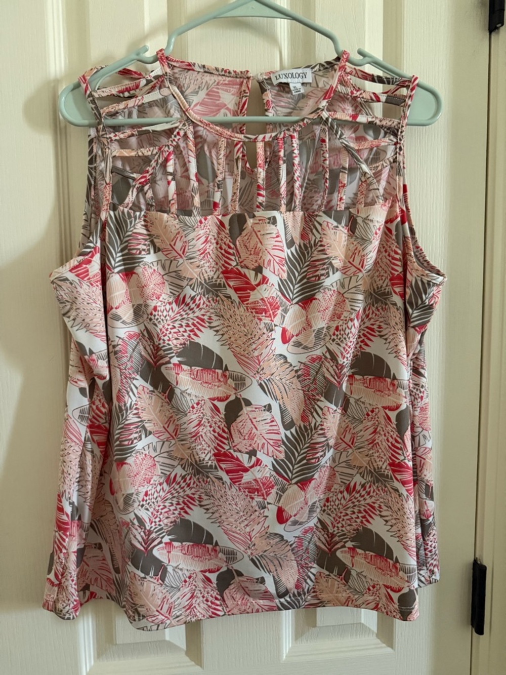 Luxology Pink & Gray Tropical Cutout Cold-Shoulder Blouse